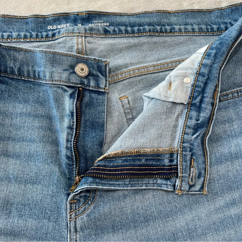 Old Navy Boyfriend Jeans Mid Rise Straight Ripped Smiley Face Happy Remix Blu 16